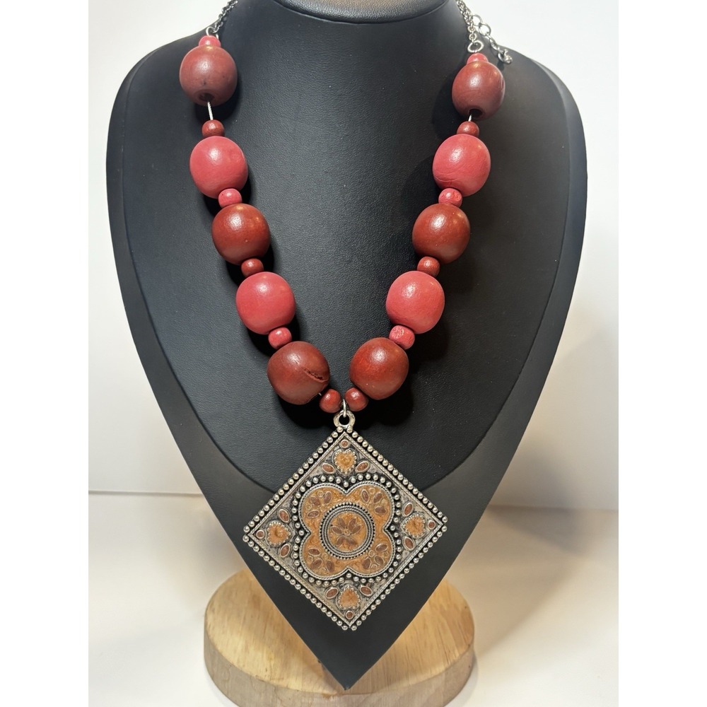Boho Statement Wood Bead Necklace Large Silver Tone Geometric Pendant 21"